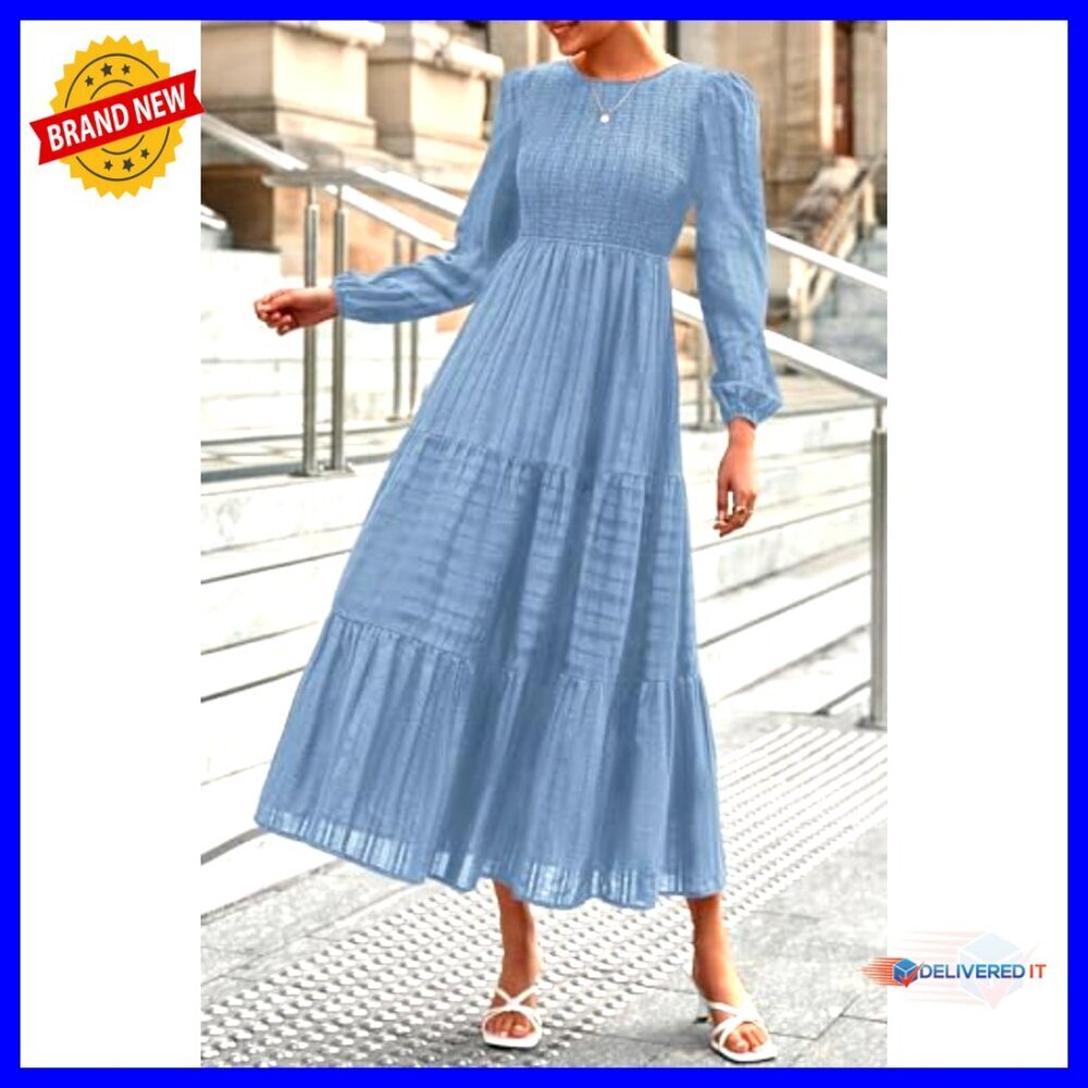 Long Sleeve Smocked Maxi Dress with Pockets, High Waist Tiered Flowy - Picture 4 of 7